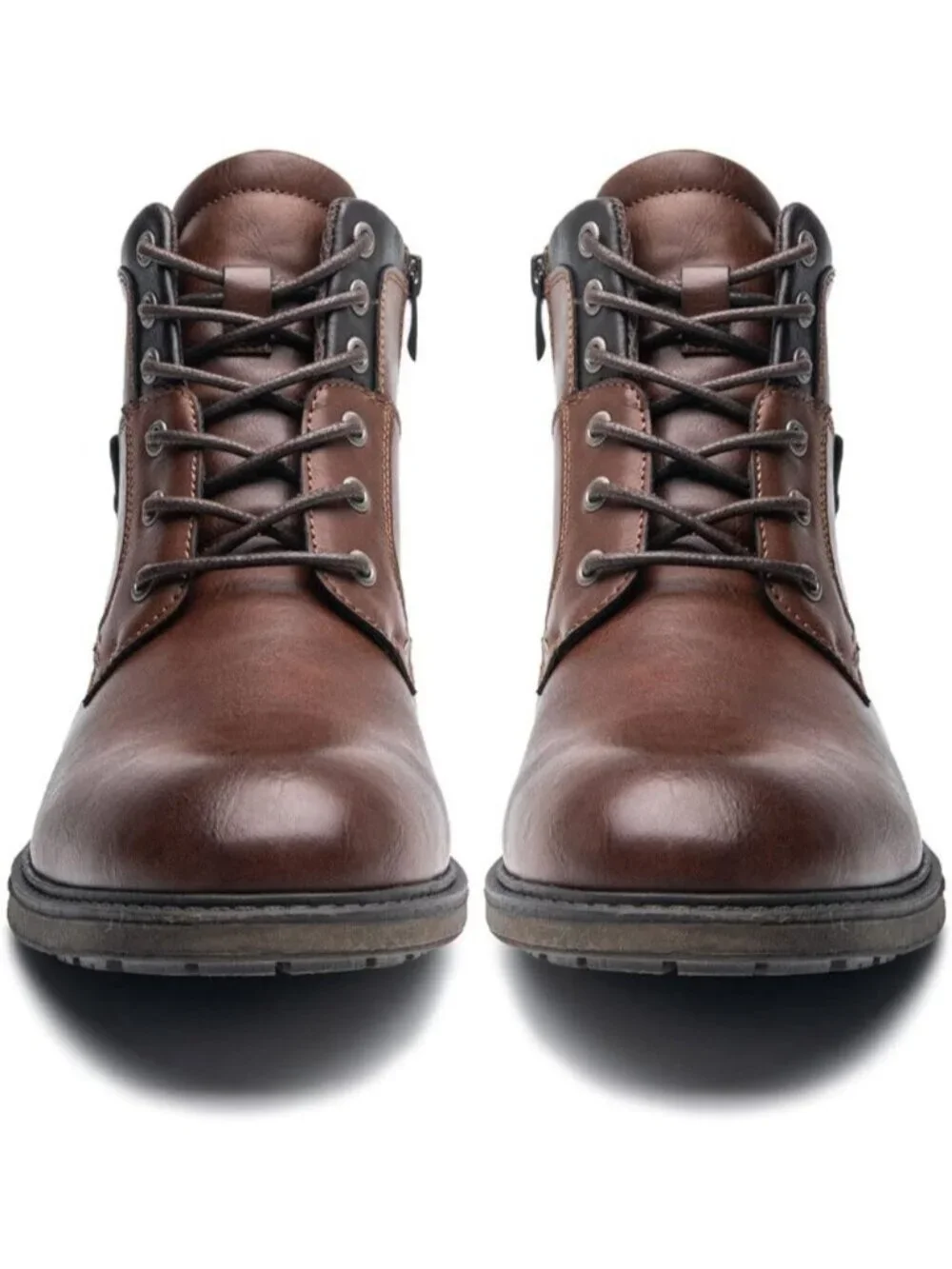 Men's Brown Faux Leather Mid Top Lace-Up Side Zipper Casual Oxford Dress Boots